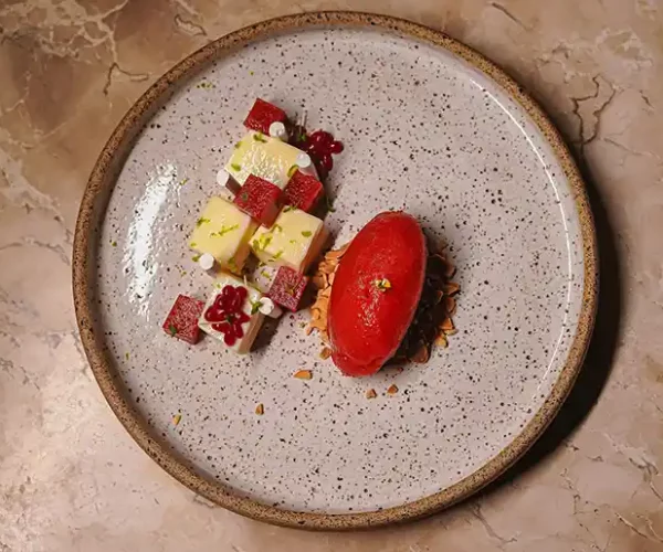 Découvrez le dessert du restaurant Le Solstice à Cassis, mêlant fraîcheur du sorbet et gourmandise des fruits.